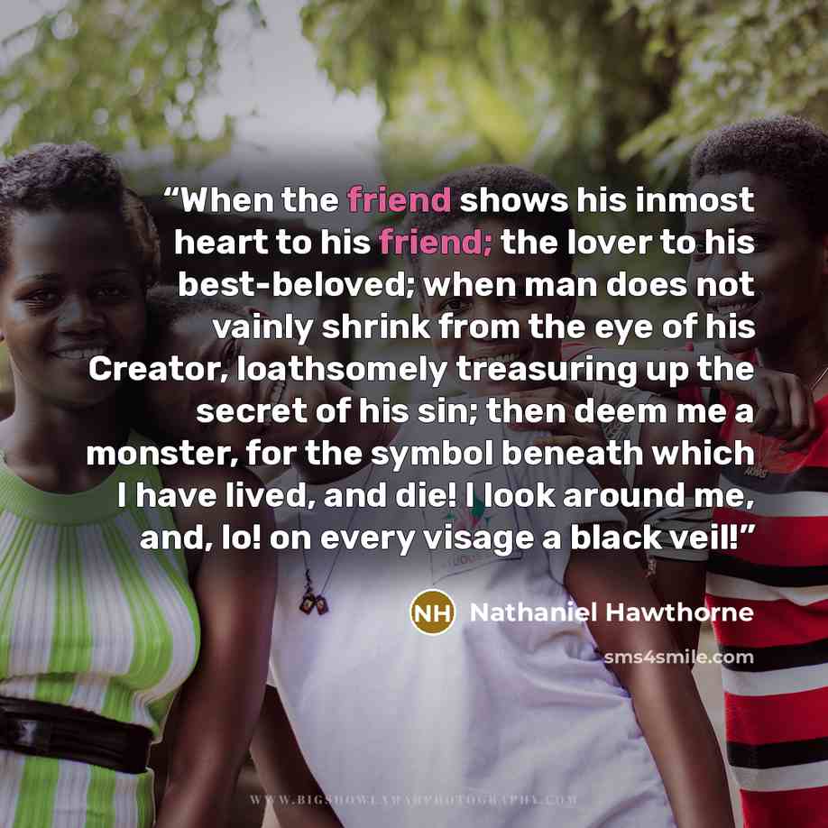 “When the friend shows his inmost heart to his friend; the lover to his best-beloved; when man does not vainly shrink from the eye of his Creator, loathsomely treasuring up the secret of his sin; then deem me a monster, for the symbol beneath which I have lived, and die! I look around me, and, lo!…” quote by Nathaniel Hawthorne