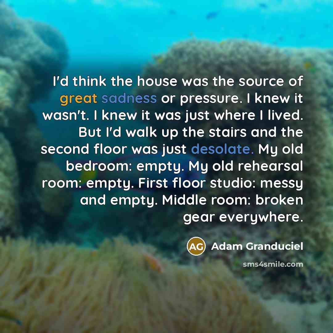 “I'd think the house was the source of great sadness or pressure. I knew it wasn't. I knew it was just where I lived. But I'd walk up the stairs and the second floor was just desolate. My old bedroom: empty. My old rehearsal room: empty. First floor studio: messy and empty. Middle room: broken gear…” quote by Adam Granduciel