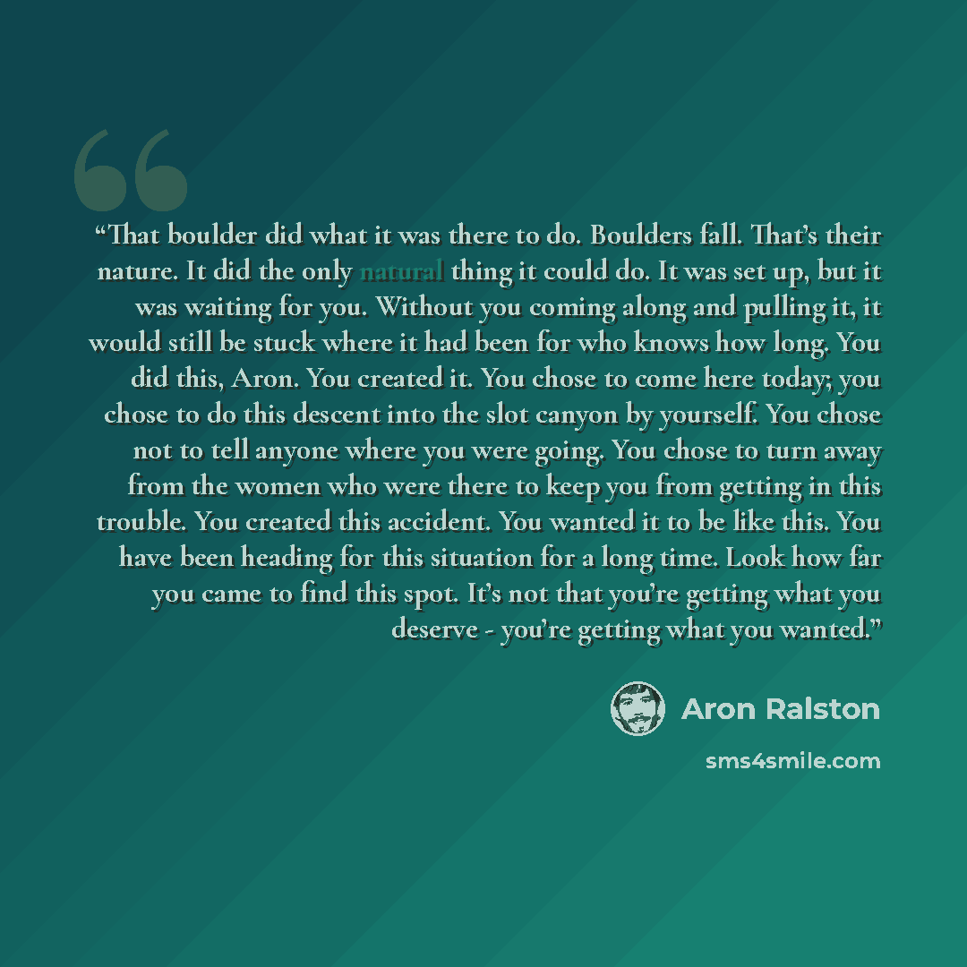 “That boulder did what it was there to do. Boulders fall. That’s their nature. It did the only natural thing it could do. It was set up, but it was waiting for you. Without you coming along and pulling it, it would still be stuck where it had been for who knows how long. You did this, Aron. You…” quote by Aron Ralston