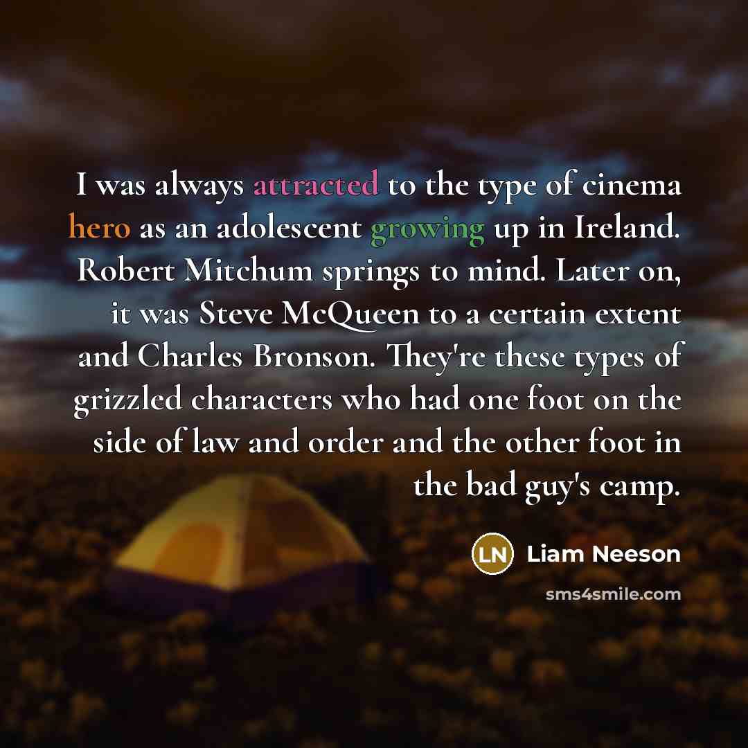 “I was always attracted to the type of cinema hero as an adolescent growing up in Ireland. Robert Mitchum springs to mind. Later on, it was Steve McQueen to a certain extent and Charles Bronson. They're these types of grizzled characters who had one foot on the side of law and order and the other…” quote by Liam Neeson