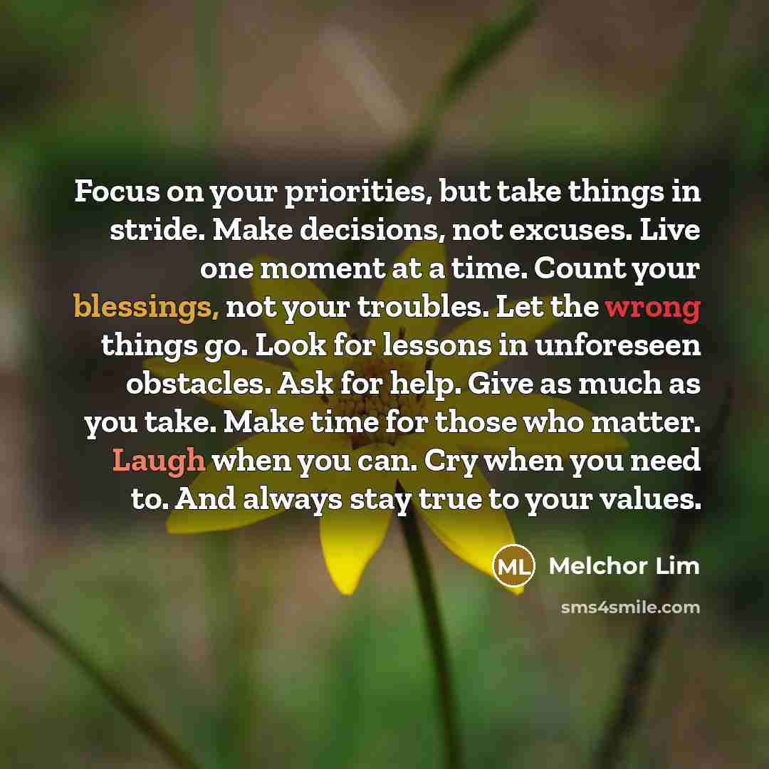“Focus on your priorities, but take things in stride. Make decisions, not excuses. Live one moment at a time. Count your blessings, not your troubles. Let the wrong things go. Look for lessons in unforeseen obstacles. Ask for help. Give as much as you take. Make time for those who matter. Laugh…” quote by Melchor Lim