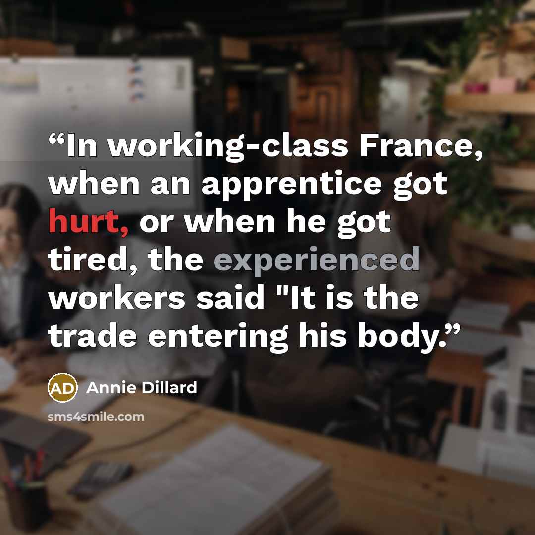 “In working-class France, when an apprentice got hurt, or when he got tired, the experienced workers said "It is the trade entering his body.” quote by Annie Dillard