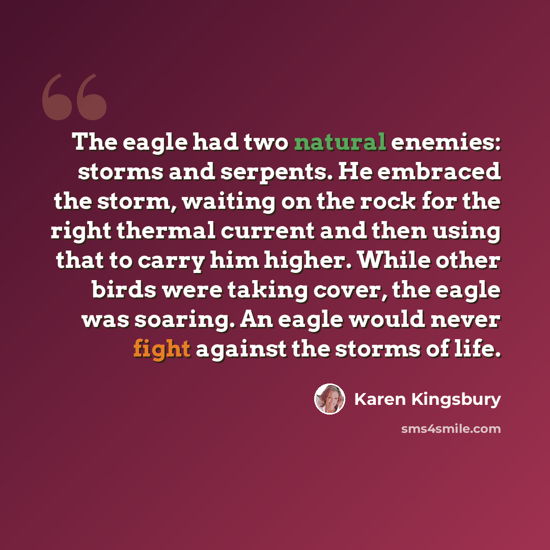 “The eagle had two natural enemies: storms and serpents. He embraced the storm, waiting on the rock for the right thermal current and then using that to carry him higher. While other birds were taking cover, the eagle was soaring. An eagle would never fight against the storms of life.” quote by Karen Kingsbury