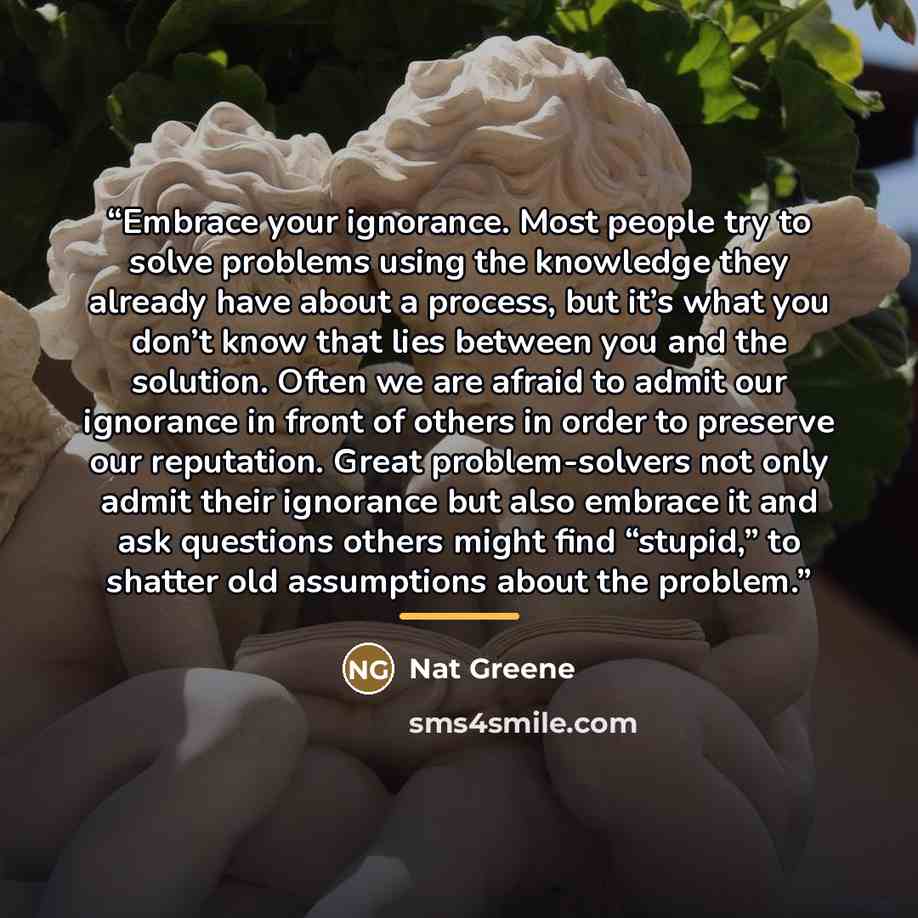 “Embrace your ignorance. Most people try to solve problems using the knowledge they already have about a process, but it’s what you don’t know that lies between you and the solution. Often we are afraid to admit our ignorance in front of others in order to preserve our reputation. Great…” quote by Nat Greene
