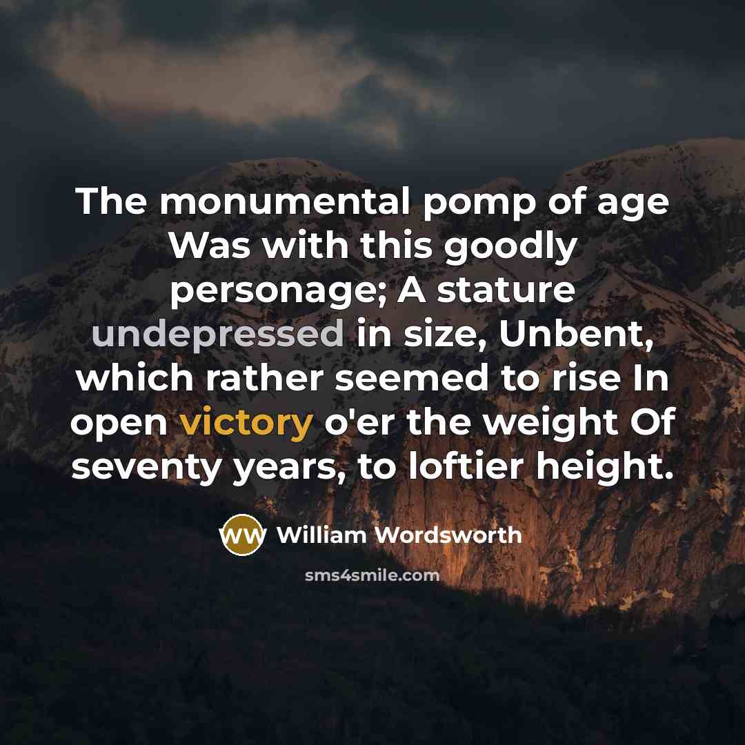 “The monumental pomp of age Was with this goodly personage; A stature undepressed in size, Unbent, which rather seemed to rise In open victory o'er the weight Of seventy years, to loftier height.” quote by William Wordsworth