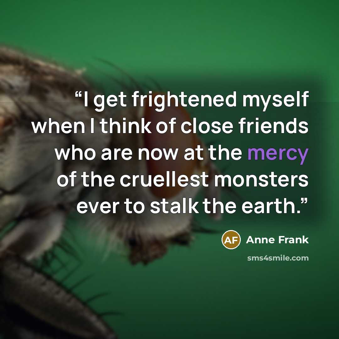 “I get frightened myself when I think of close friends who are now at the mercy of the cruellest monsters ever to stalk the earth.” quote by Anne Frank