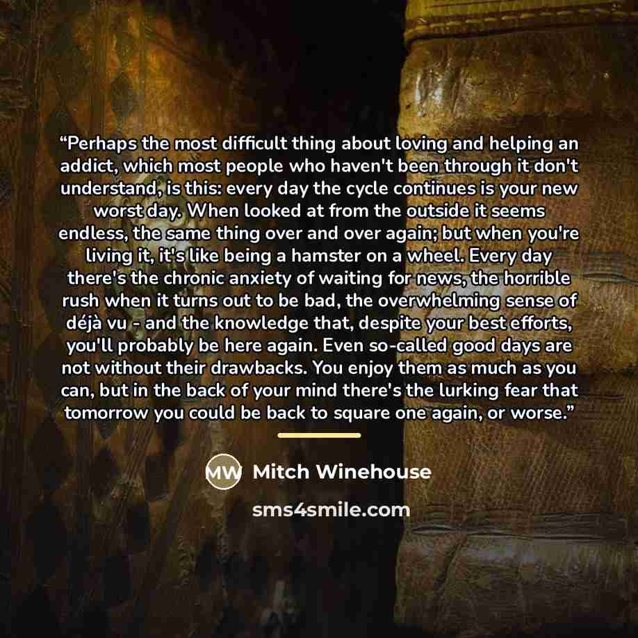 “Perhaps the most difficult thing about loving and helping an addict, which most people who haven't been through it don't understand, is this: every day the cycle continues is your new worst day. When looked at from the outside it seems endless, the same thing over and over again; but when you're…” quote by Mitch Winehouse