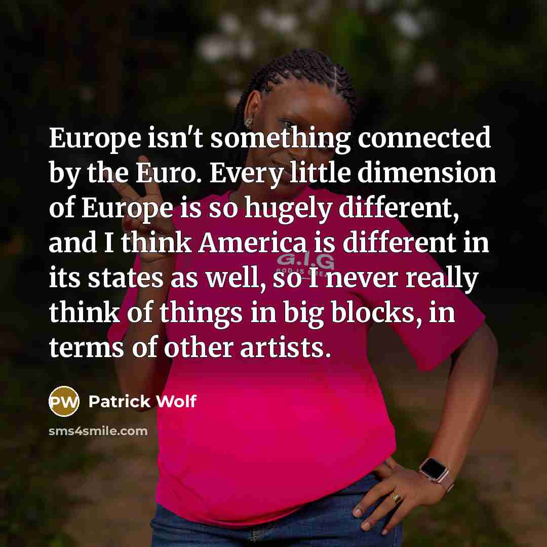“Europe isn't something connected by the Euro. Every little dimension of Europe is so hugely different, and I think America is different in its states as well, so I never really think of things in big blocks, in terms of other artists.” quote by Patrick Wolf