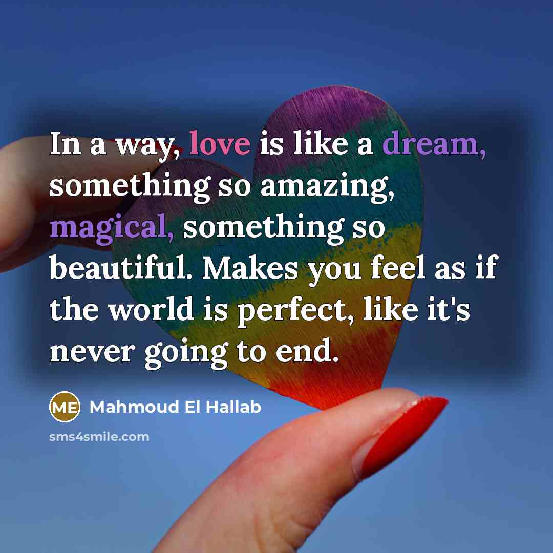 “In a way, love is like a dream, something so amazing, magical, something so beautiful. Makes you feel as if the world is perfect, like it's never going to end.” quote by Mahmoud El Hallab