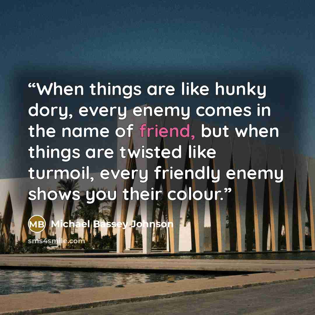 “When things are like hunky dory, every enemy comes in the name of friend, but when things are twisted like turmoil, every friendly enemy shows you their colour.” quote by Michael Bassey Johnson