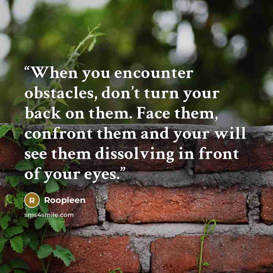 “When you encounter obstacles, don’t turn your back on them. Face them, confront them and your will see them dissolving in front of your eyes.” quote by Roopleen