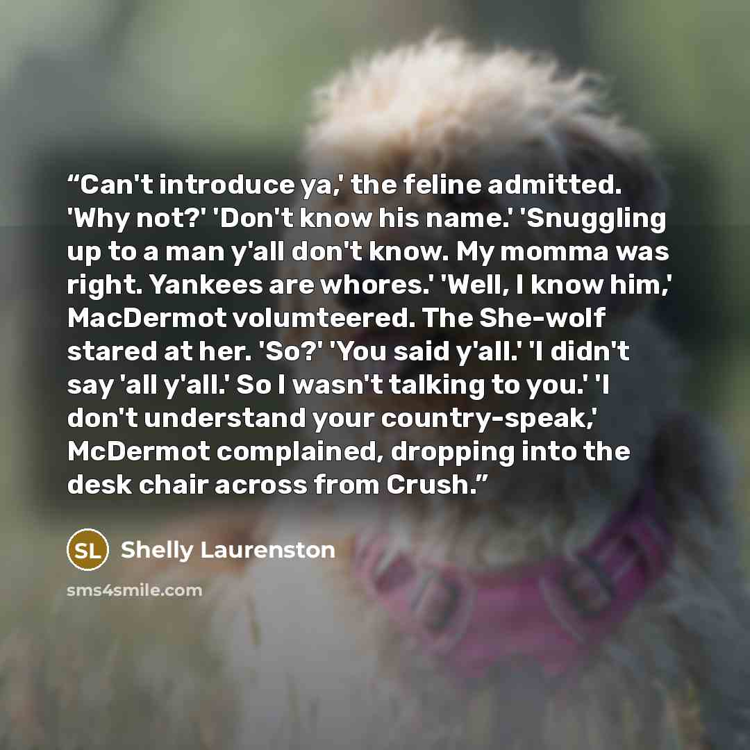 “Can't introduce ya,' the feline admitted. 'Why not?' 'Don't know his name.' 'Snuggling up to a man y'all don't know. My momma was right. Yankees are whores.' 'Well, I know him,' MacDermot volumteered. The She-wolf stared at her. 'So?' 'You said y'all.' 'I didn't say 'all y'all.' So I wasn't…” quote by Shelly Laurenston