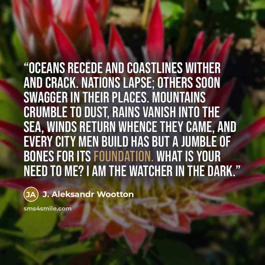 “Oceans recede and coastlines wither and crack. Nations lapse; others soon swagger in their places. Mountains crumble to dust, rains vanish into the sea, winds return whence they came, and every city men build has but a jumble of bones for its foundation. What is your need to me? I am the Watcher…” quote by J. Aleksandr Wootton