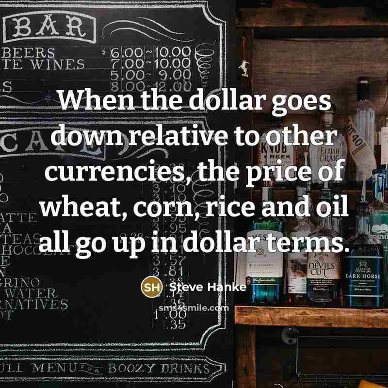 “When the dollar goes down relative to other currencies, the price of wheat, corn, rice and oil all go up in dollar terms.” quote by Steve Hanke