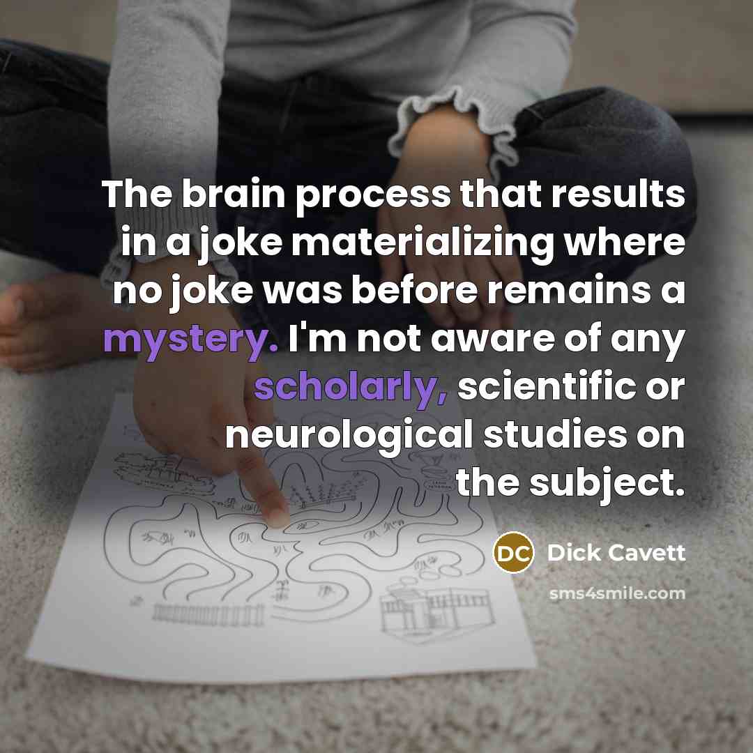 “The brain process that results in a joke materializing where no joke was before remains a mystery. I'm not aware of any scholarly, scientific or neurological studies on the subject.” quote by Dick Cavett