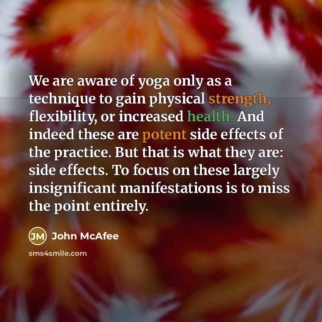 “We are aware of yoga only as a technique to gain physical strength, flexibility, or increased health. And indeed these are potent side effects of the practice. But that is what they are: side effects. To focus on these largely insignificant manifestations is to miss the point entirely.” quote by John McAfee