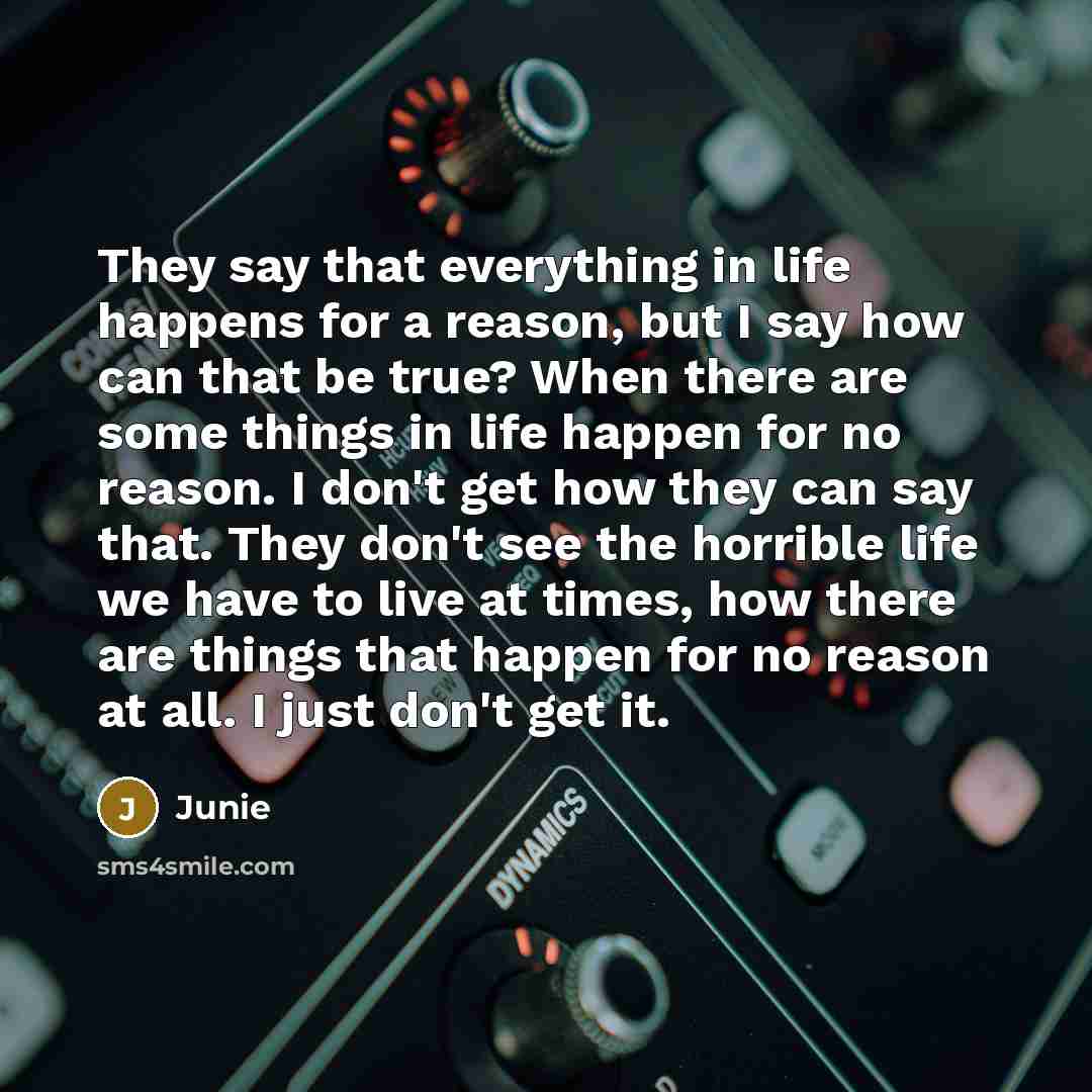 “They say that everything in life happens for a reason, but I say how can that be true? When there are some things in life happen for no reason. I don't get how they can say that. They don't see the horrible life we have to live at times, how there are things that happen for no reason at all. I…” quote by Junie