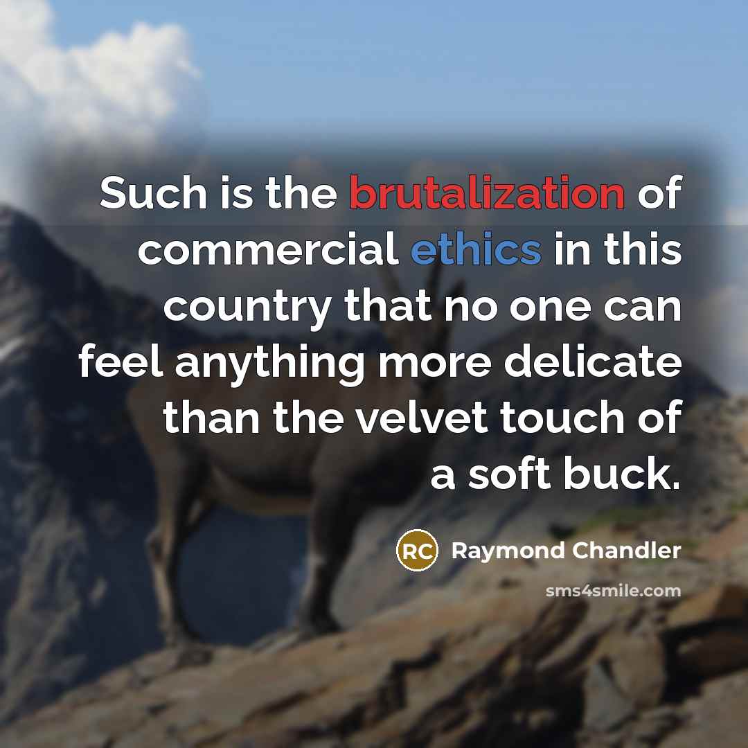 “Such is the brutalization of commercial ethics in this country that no one can feel anything more delicate than the velvet touch of a soft buck.” quote by Raymond Chandler
