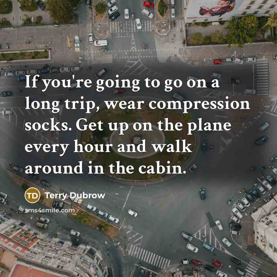 “If you're going to go on a long trip, wear compression socks. Get up on the plane every hour and walk around in the cabin.” quote by Terry Dubrow