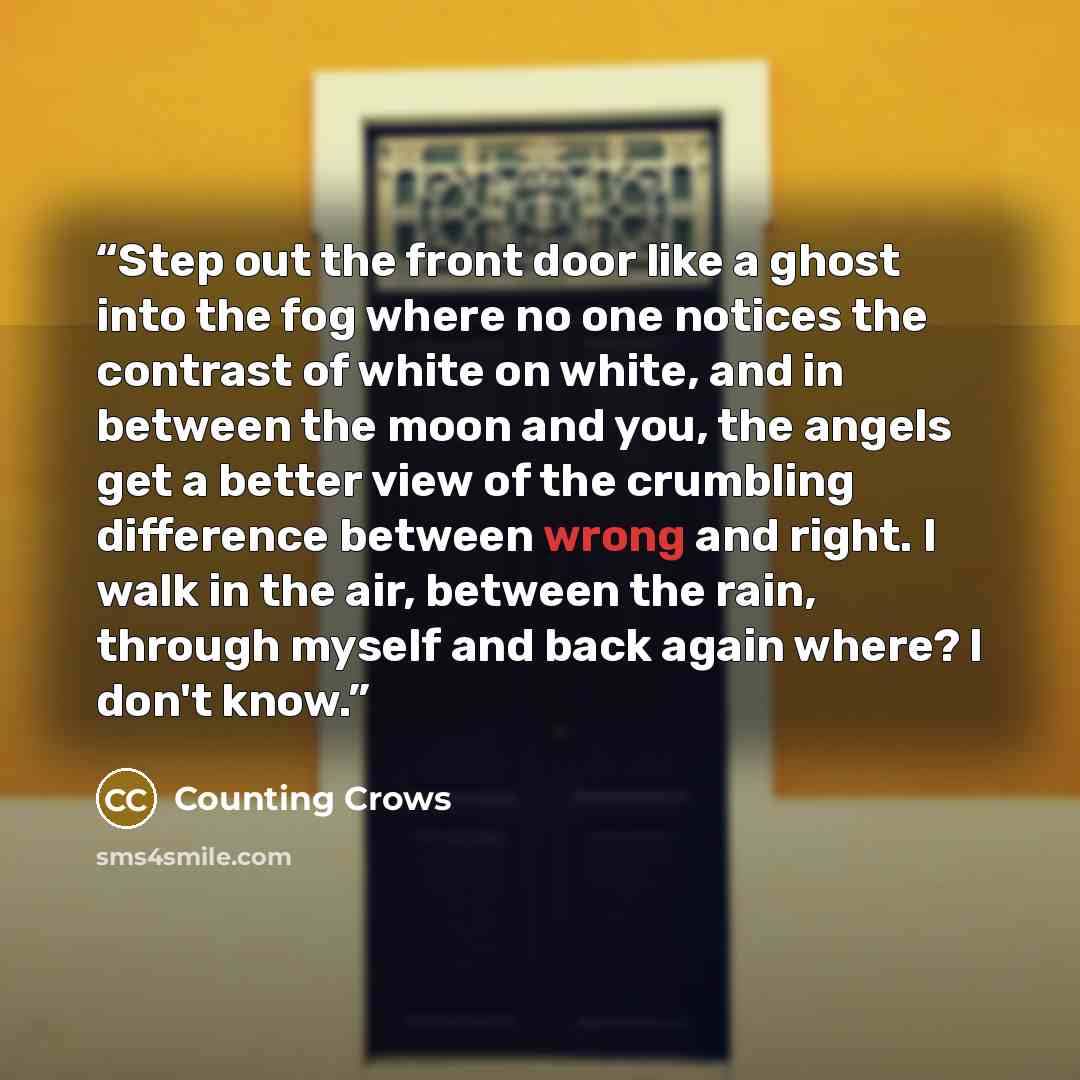“Step out the front door like a ghost into the fog where no one notices the contrast of white on white, and in between the moon and you, the angels get a better view of the crumbling difference between wrong and right. I walk in the air, between the rain, through myself and back again where? I…” quote by Counting Crows