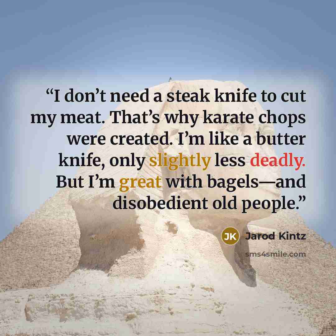 “I don’t need a steak knife to cut my meat. That’s why karate chops were created. I’m like a butter knife, only slightly less deadly. But I’m great with bagels—and disobedient old people.” quote by Jarod Kintz