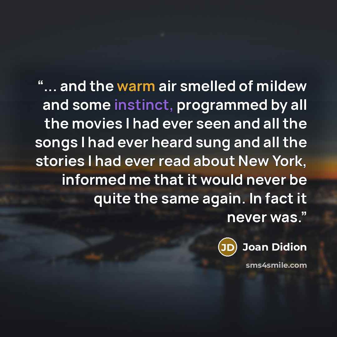 “... and the warm air smelled of mildew and some instinct, programmed by all the movies I had ever seen and all the songs I had ever heard sung and all the stories I had ever read about New York, informed me that it would never be quite the same again. In fact it never was.” quote by Joan Didion