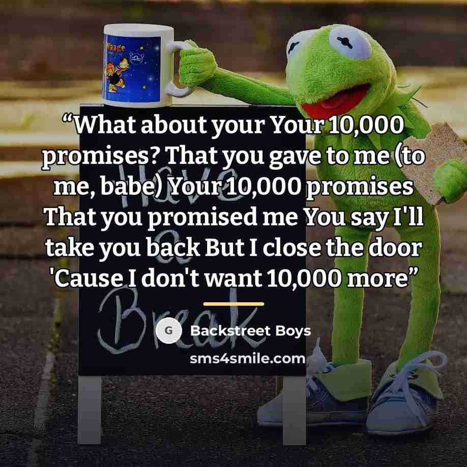 “What about your Your 10,000 promises? That you gave to me (to me, babe) Your 10,000 promises That you promised me You say I'll take you back But I close the door 'Cause I don't want 10,000 more” quote by Backstreet Boys