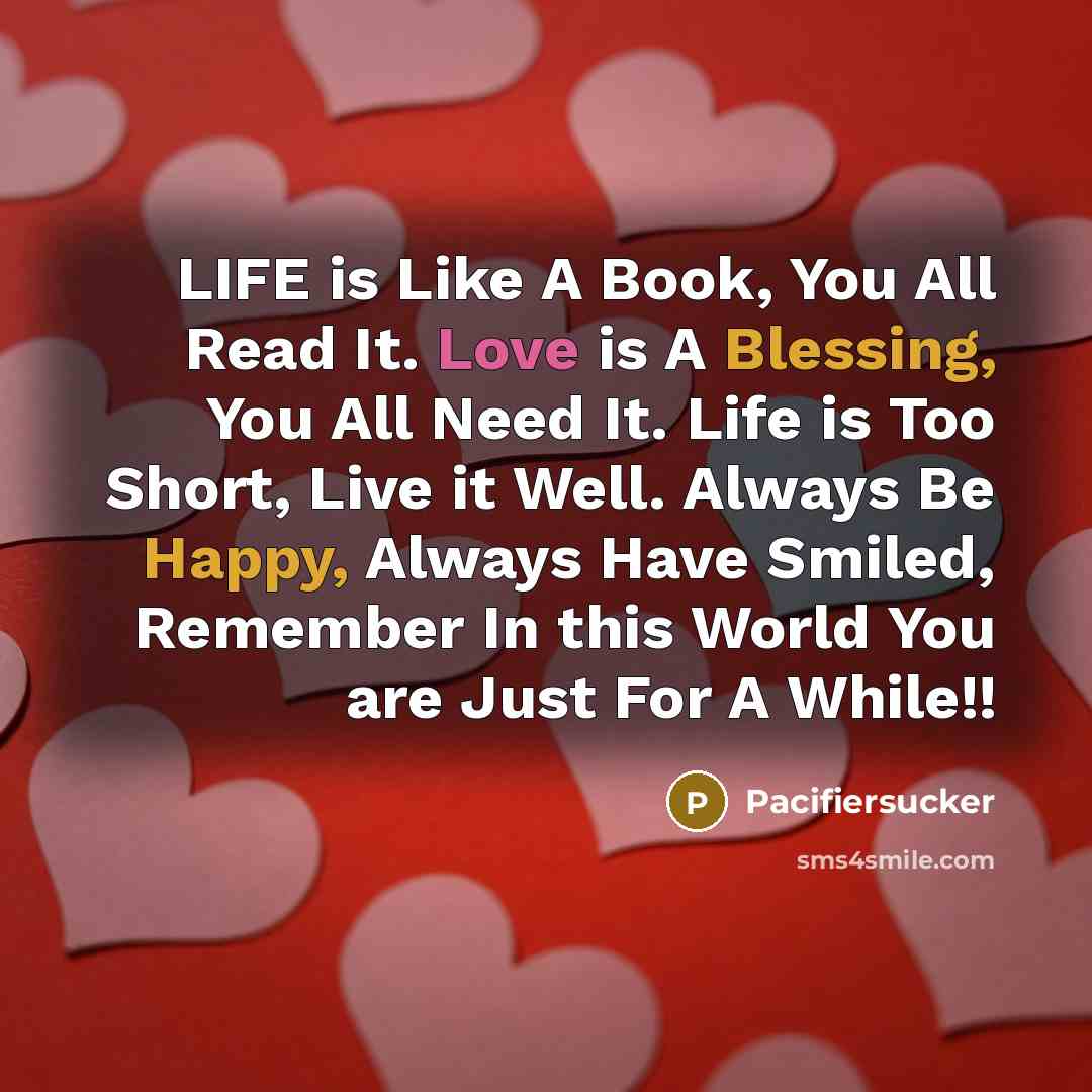 “LIFE is Like A Book, You All Read It. Love is A Blessing, You All Need It. Life is Too Short, Live it Well. Always Be Happy, Always Have Smiled, Remember In this World You are Just For A While!!” quote by Pacifiersucker