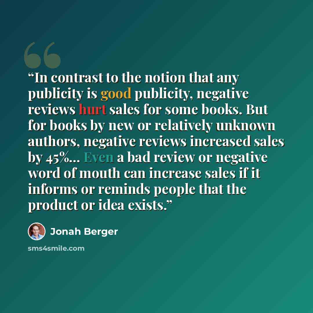 “In contrast to the notion that any publicity is good publicity, negative reviews hurt sales for some books. But for books by new or relatively unknown authors, negative reviews increased sales by 45%… Even a bad review or negative word of mouth can increase sales if it informs or reminds people…” quote by Jonah Berger