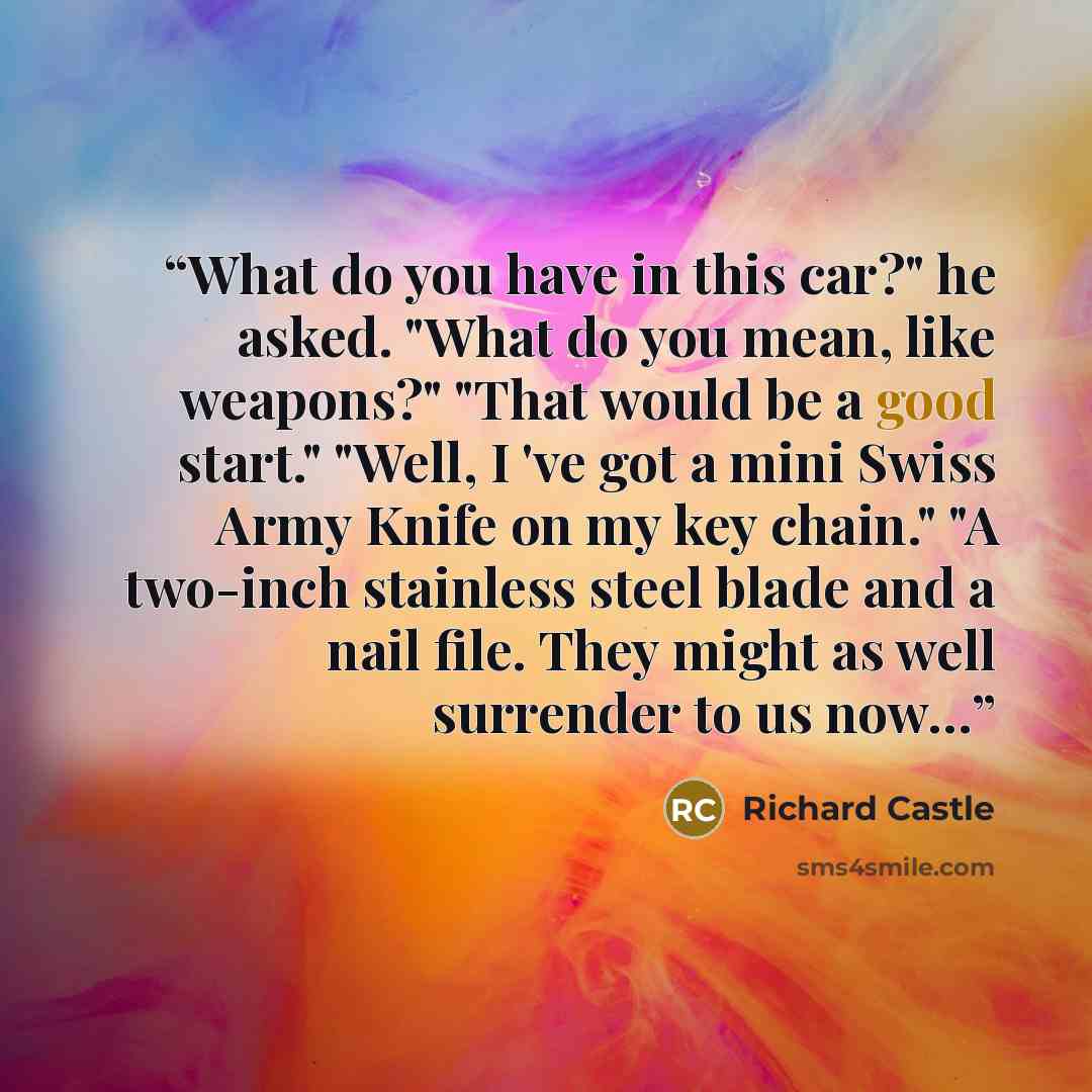 “What do you have in this car?" he asked. "What do you mean, like weapons?" "That would be a good start." "Well, I 've got a mini Swiss Army Knife on my key chain." "A two-inch stainless steel blade and a nail file. They might as well surrender to us now…” quote by Richard Castle