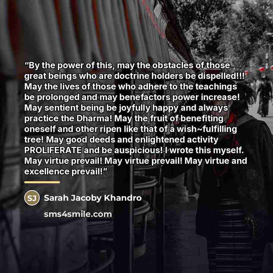 “By the power of this, may the obstacles of those great beings who are doctrine holders be dispelled!!! May the lives of those who adhere to the teachings be prolonged and may benefactors power increase! May sentient being be joyfully happy and always practice the Dharma! May the fruit of…” quote by Sarah Jacoby Khandro