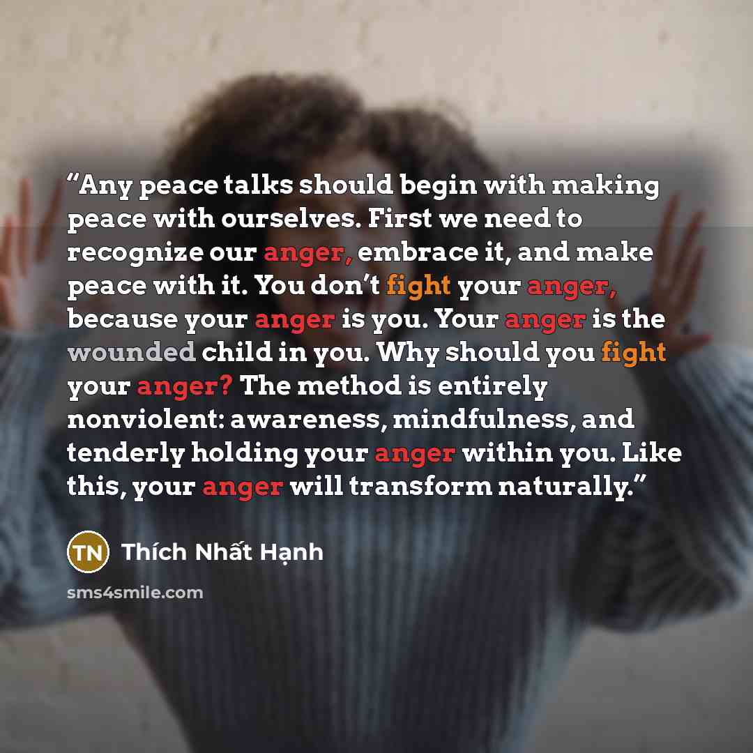 “Any peace talks should begin with making peace with ourselves. First we need to recognize our anger, embrace it, and make peace with it. You don’t fight your anger, because your anger is you. Your anger is the wounded child in you. Why should you fight your anger? The method is entirely…” quote by Thich Nhat Hanh