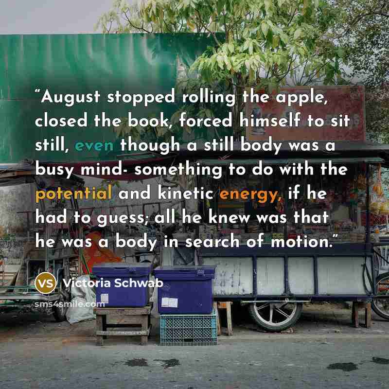 “August stopped rolling the apple, closed the book, forced himself to sit still, even though a still body was a busy mind- something to do with the potential and kinetic energy, if he had to guess; all he knew was that he was a body in search of motion.” quote by Victoria Schwab