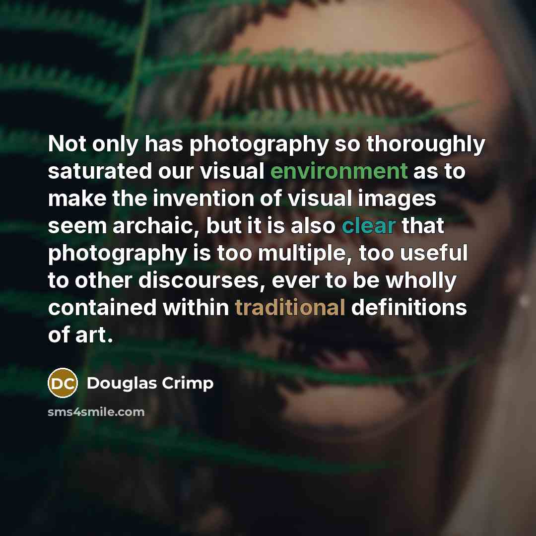“Not only has photography so thoroughly saturated our visual environment as to make the invention of visual images seem archaic, but it is also clear that photography is too multiple, too useful to other discourses, ever to be wholly contained within traditional definitions of art.” quote by Douglas Crimp