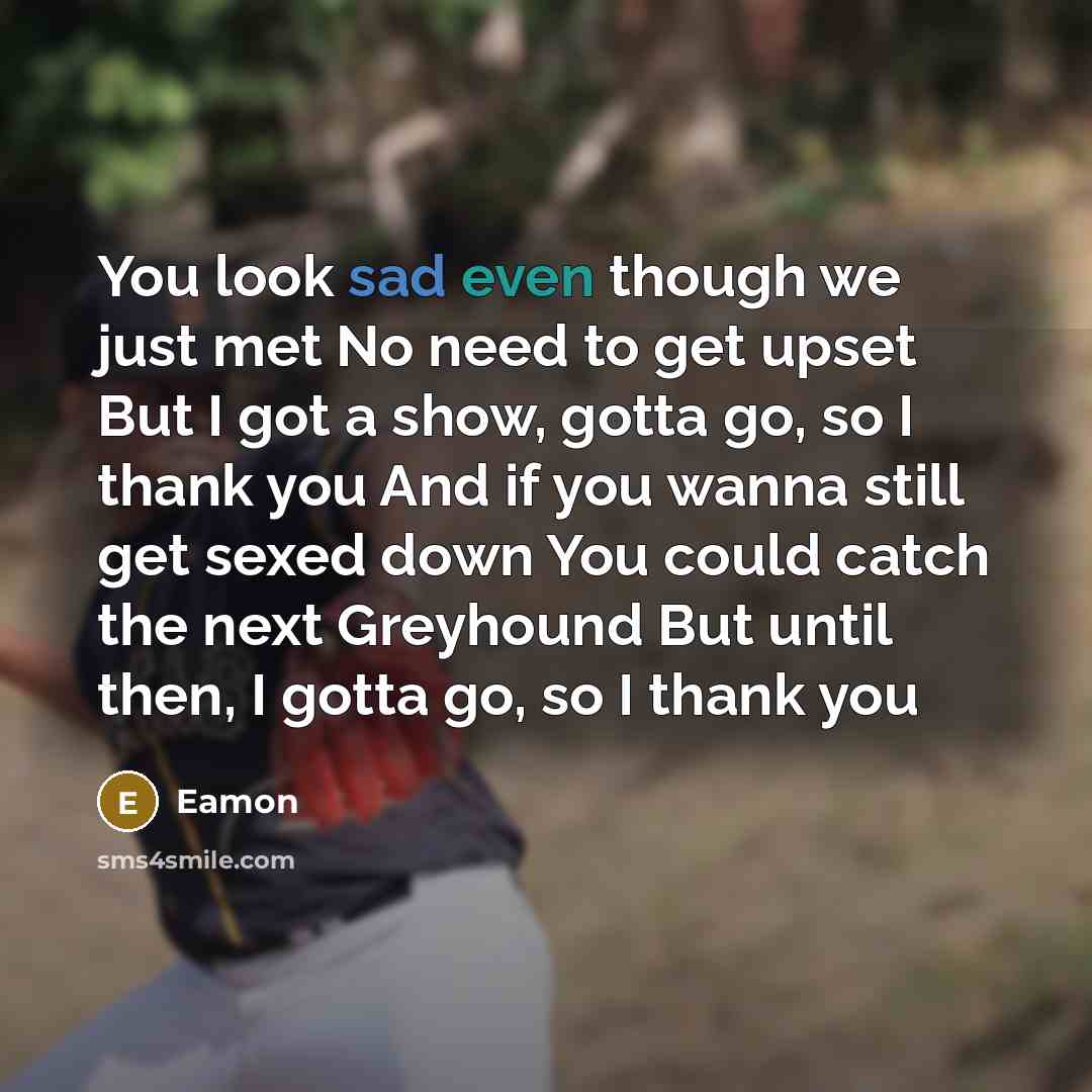 “You look sad even though we just met No need to get upset But I got a show, gotta go, so I thank you And if you wanna still get sexed down You could catch the next Greyhound But until then, I gotta go, so I thank you” quote by Eamon