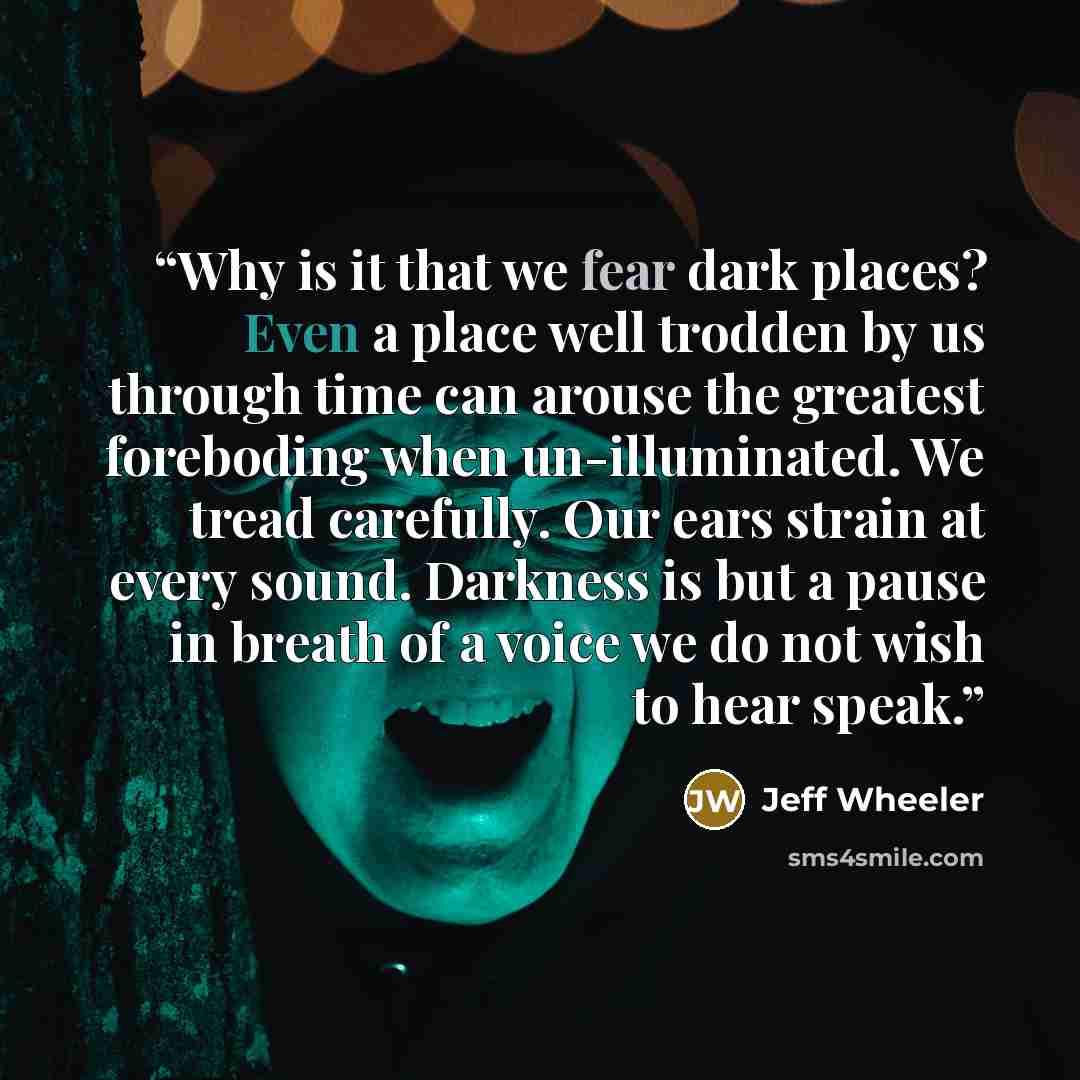 “Why is it that we fear dark places? Even a place well trodden by us through time can arouse the greatest foreboding when un-illuminated. We tread carefully. Our ears strain at every sound. Darkness is but a pause in breath of a voice we do not wish to hear speak.” quote by Jeff Wheeler