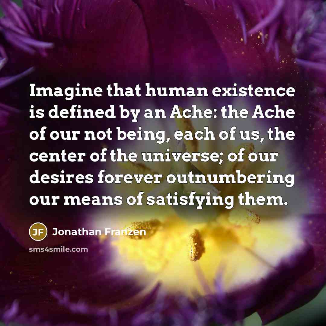 “Imagine that human existence is defined by an Ache: the Ache of our not being, each of us, the center of the universe; of our desires forever outnumbering our means of satisfying them.” quote by Jonathan Franzen