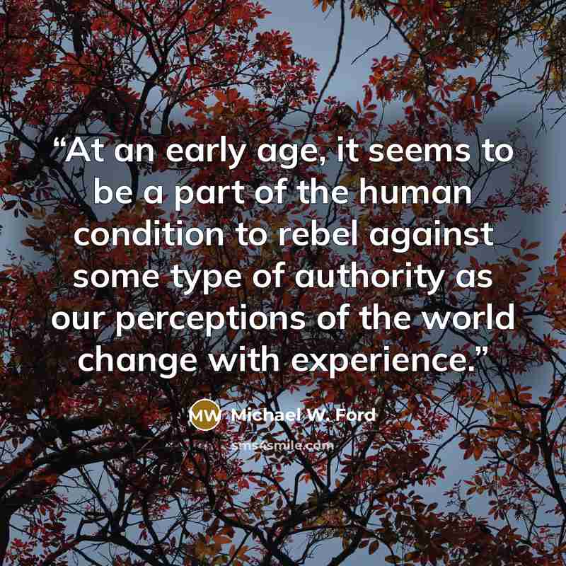 “At an early age, it seems to be a part of the human condition to rebel against some type of authority as our perceptions of the world change with experience.” quote by Michael W. Ford