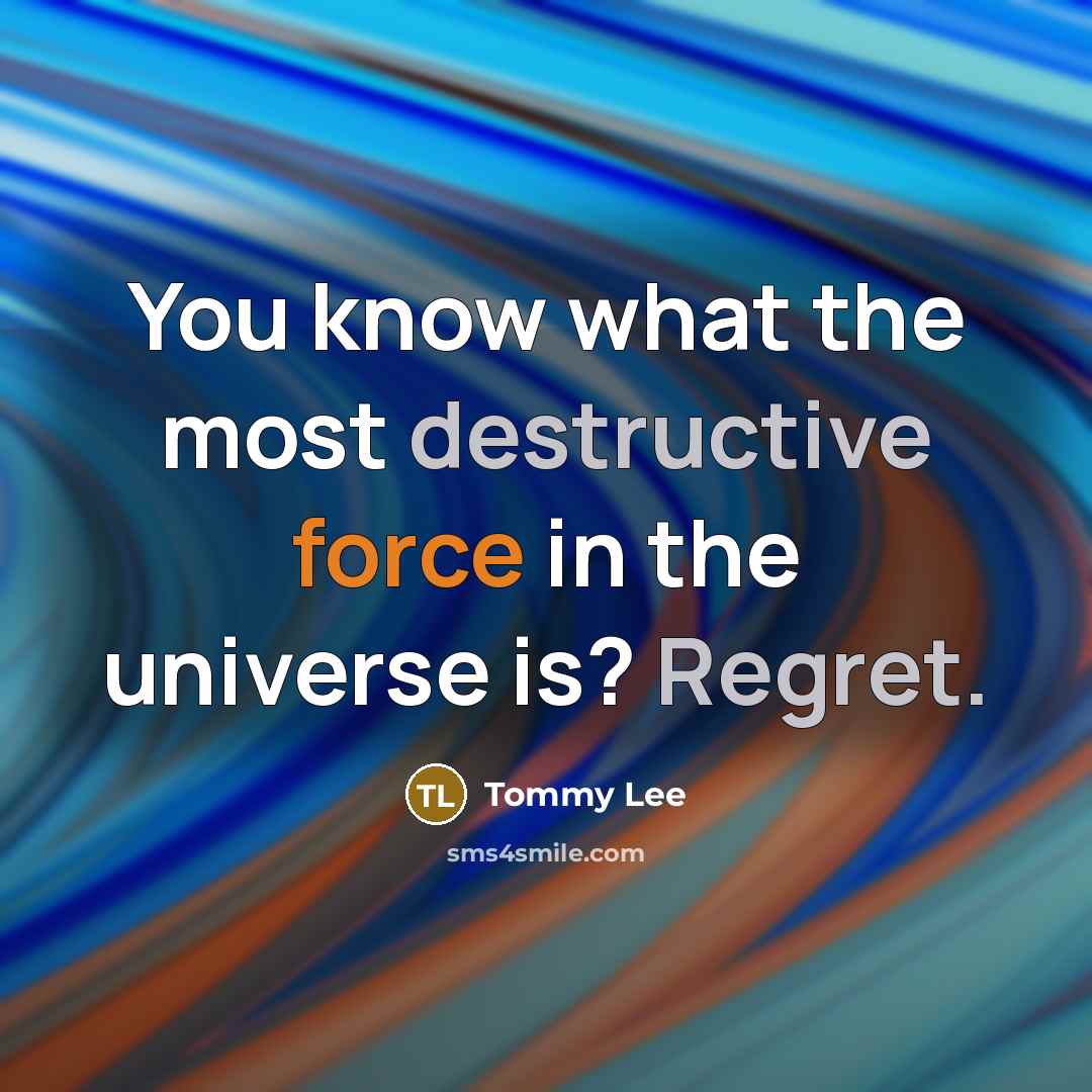“You know what the most destructive force in the universe is? Regret.” quote by Tommy Lee