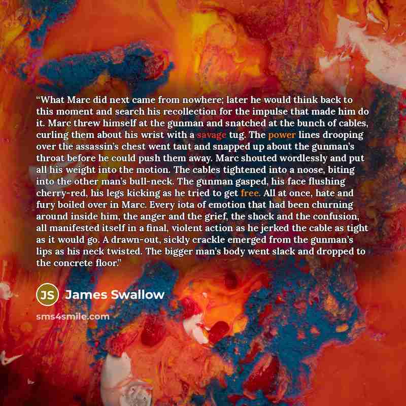 “What Marc did next came from nowhere; later he would think back to this moment and search his recollection for the impulse that made him do it. Marc threw himself at the gunman and snatched at the bunch of cables, curling them about his wrist with a savage tug. The power lines drooping over the…” quote by James Swallow