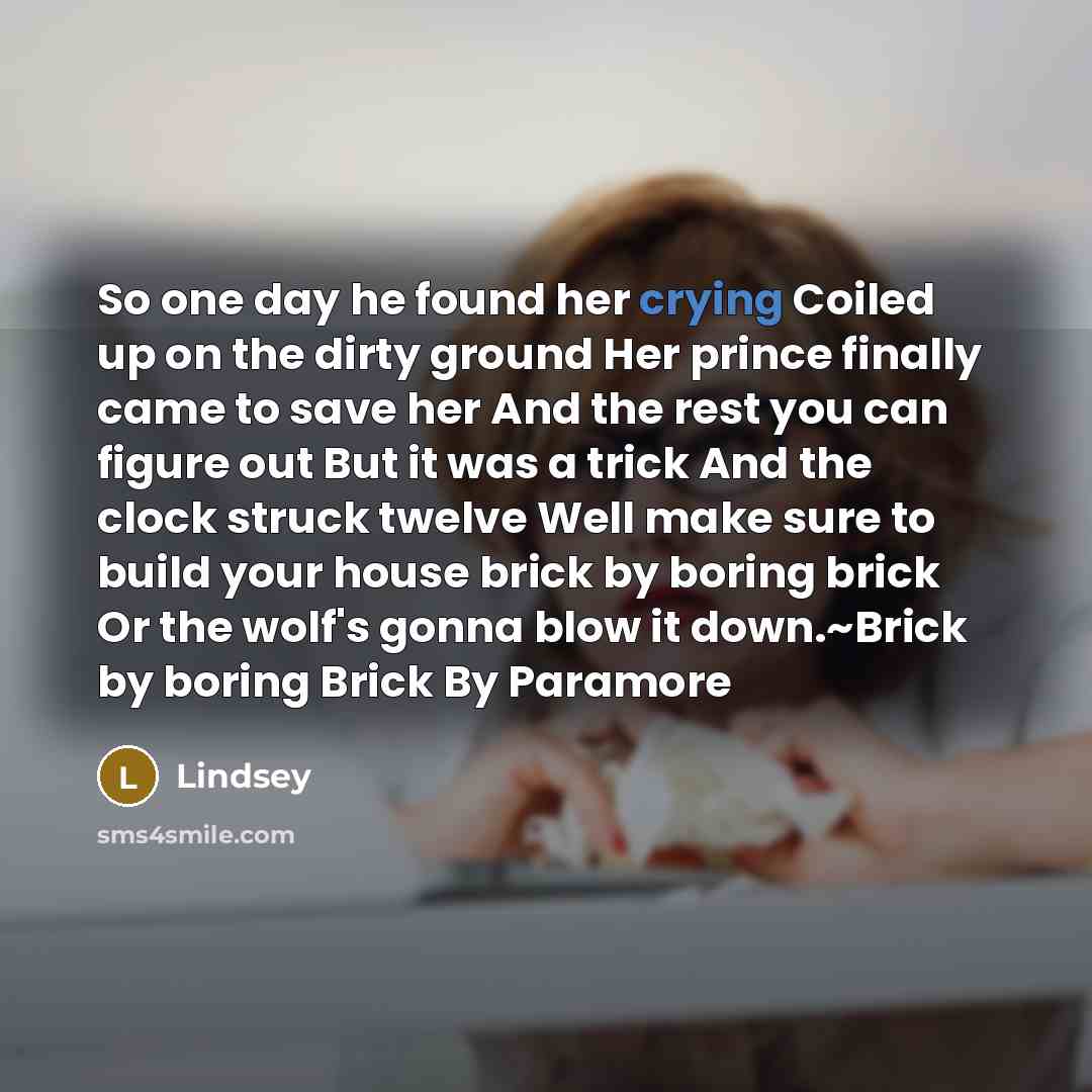 “So one day he found her crying Coiled up on the dirty ground Her prince finally came to save her And the rest you can figure out But it was a trick And the clock struck twelve Well make sure to build your house brick by boring brick Or the wolf's gonna blow it down.~Brick by boring Brick By Paramore” quote by Lindsey