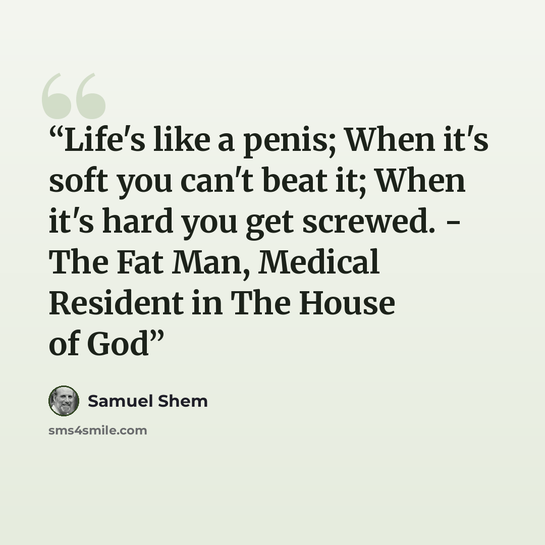 “Life's like a penis; When it's soft you can't beat it; When it's hard you get screwed. - The Fat Man, Medical Resident in The House of God” quote by Samuel Shem
