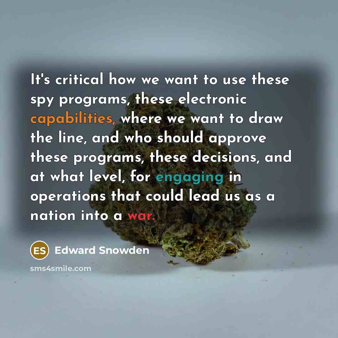 “It's critical how we want to use these spy programs, these electronic capabilities, where we want to draw the line, and who should approve these programs, these decisions, and at what level, for engaging in operations that could lead us as a nation into a war.” quote by Edward Snowden