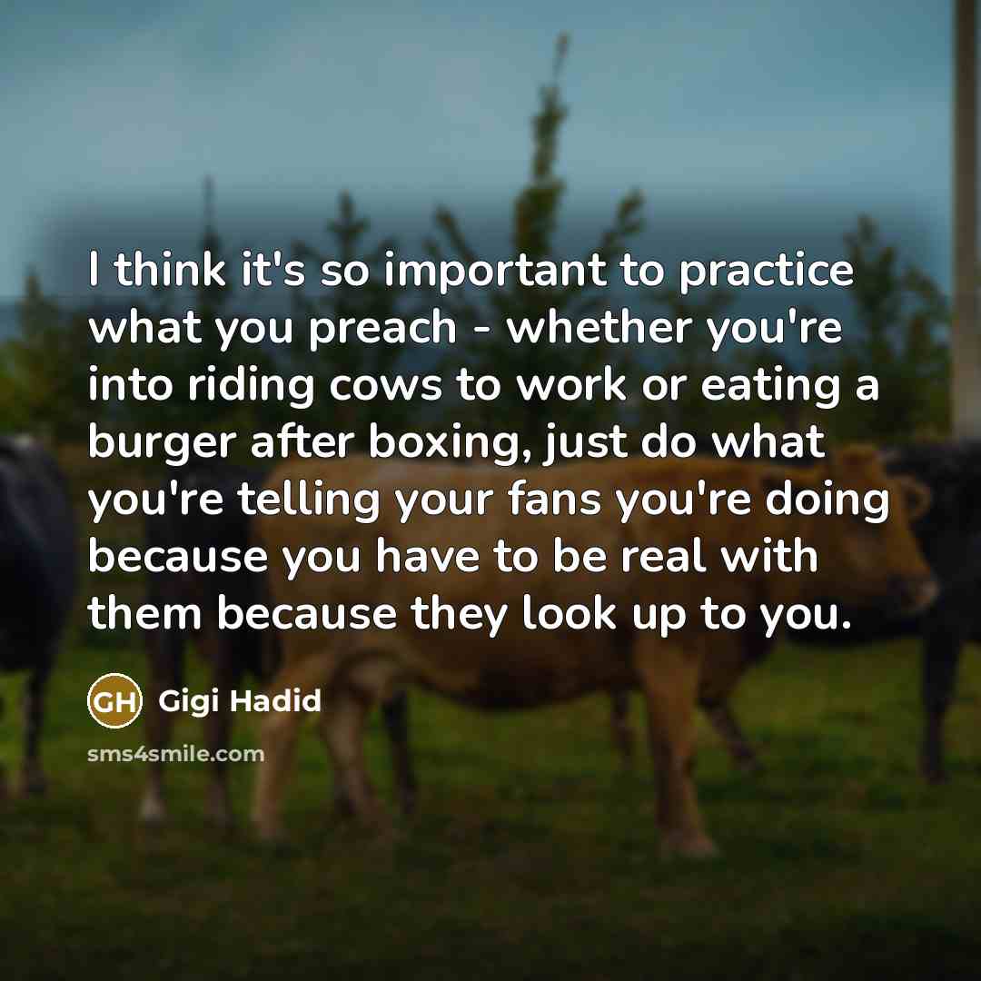 “I think it's so important to practice what you preach - whether you're into riding cows to work or eating a burger after boxing, just do what you're telling your fans you're doing because you have to be real with them because they look up to you.” quote by Gigi Hadid