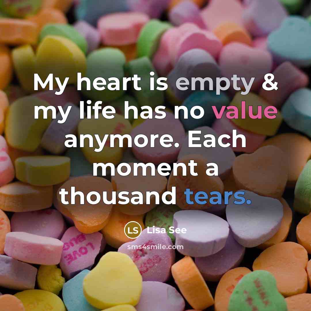 “My heart is empty & my life has no value anymore. Each moment a thousand tears.” quote by Lisa See