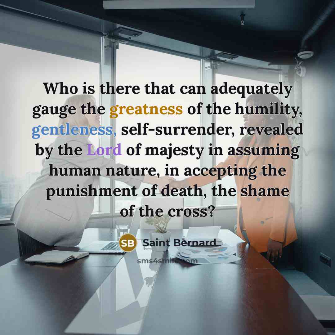 “Who is there that can adequately gauge the greatness of the humility, gentleness, self-surrender, revealed by the Lord of majesty in assuming human nature, in accepting the punishment of death, the shame of the cross?” quote by Saint Bernard