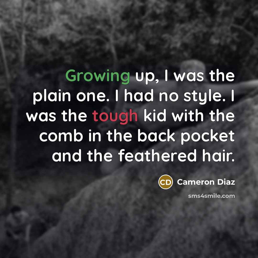 “Growing up, I was the plain one. I had no style. I was the tough kid with the comb in the back pocket and the feathered hair.” quote by Cameron Diaz