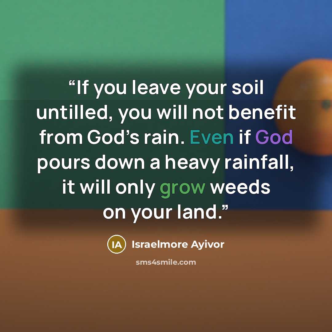 “If you leave your soil untilled, you will not benefit from God’s rain. Even if God pours down a heavy rainfall, it will only grow weeds on your land.” quote by Israelmore Ayivor