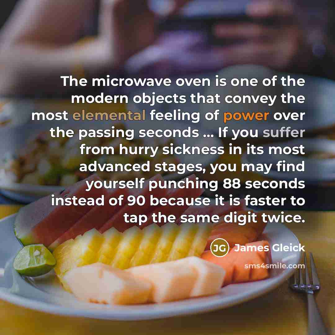 “The microwave oven is one of the modern objects that convey the most elemental feeling of power over the passing seconds ... If you suffer from hurry sickness in its most advanced stages, you may find yourself punching 88 seconds instead of 90 because it is faster to tap the same digit twice.” quote by James Gleick