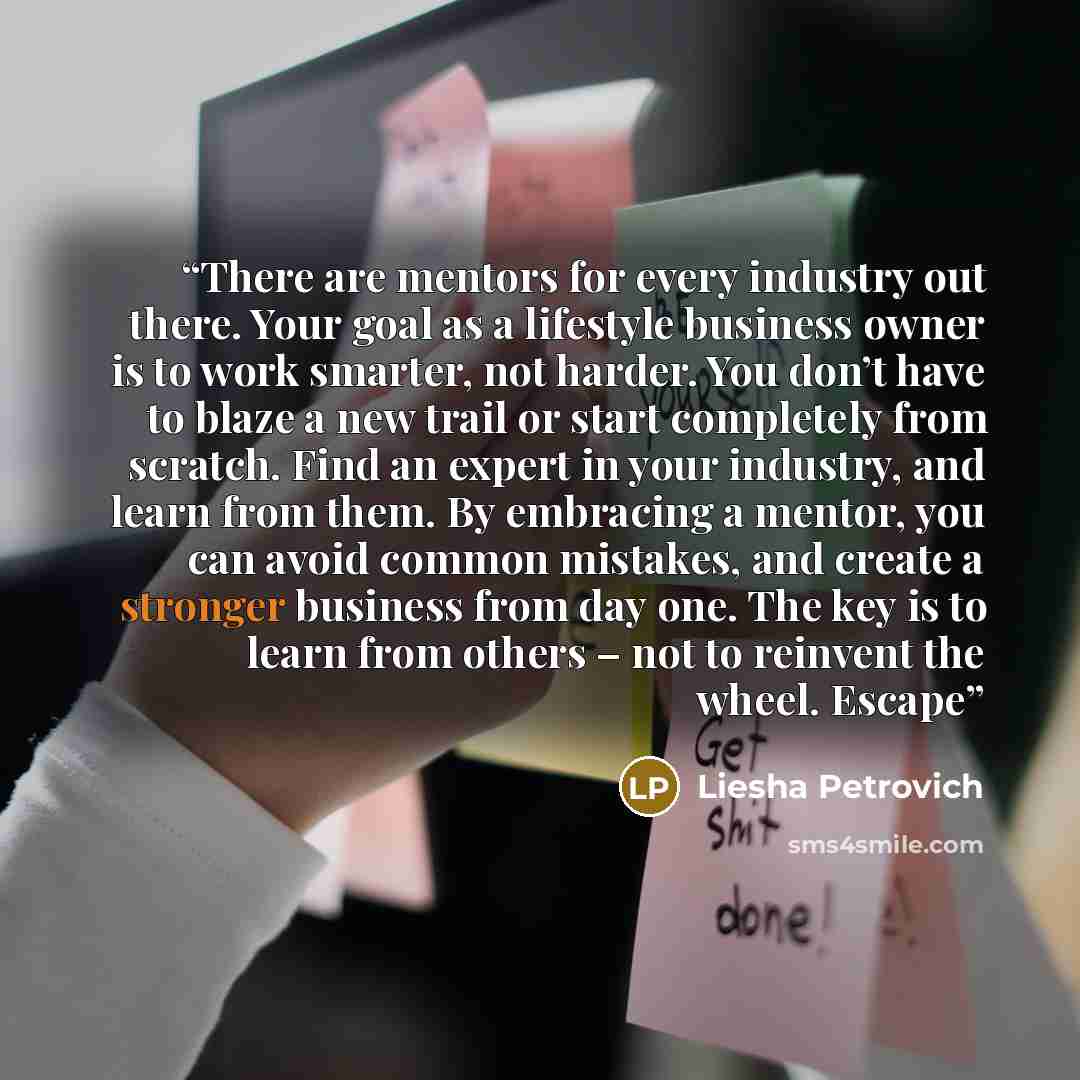 “There are mentors for every industry out there. Your goal as a lifestyle business owner is to work smarter, not harder. You don’t have to blaze a new trail or start completely from scratch. Find an expert in your industry, and learn from them. By embracing a mentor, you can avoid common mistakes…” quote by Liesha Petrovich